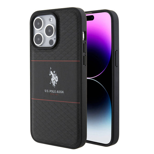 Apple iPhone 15 Pro Max Kılıf U.S. Polo Assn. Orjinal Lisanslı Deri Şeritli Logo Dizayn Kapak Lacivert