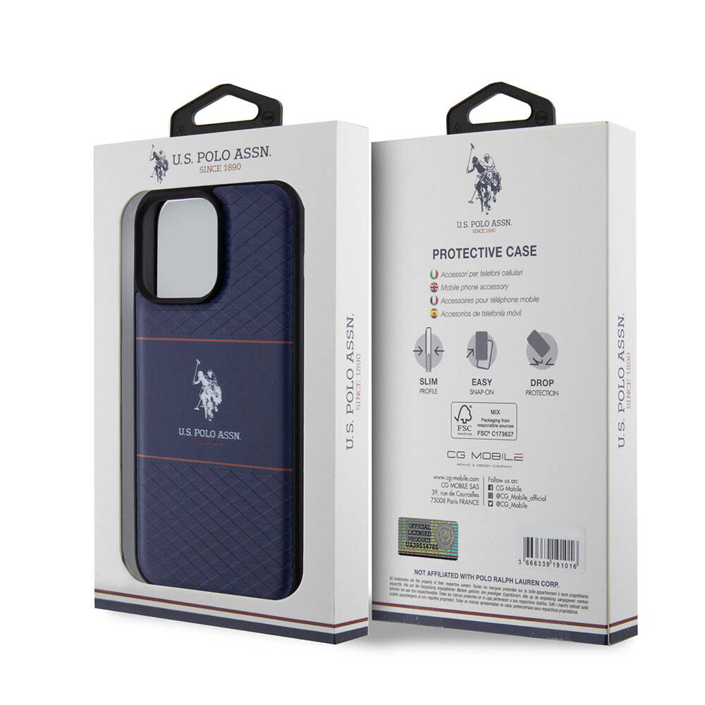 Apple iPhone 15 Pro Max Kılıf U.S. Polo Assn. Orjinal Lisanslı Deri Şeritli Logo Dizayn Kapak Lacivert