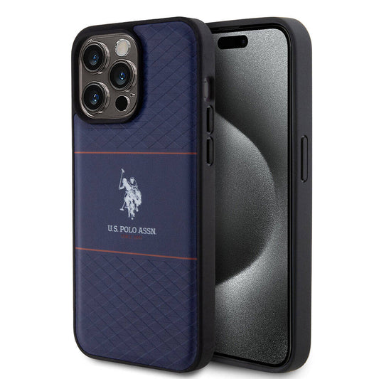 Apple iPhone 15 Pro Max Kılıf U.S. Polo Assn. Orjinal Lisanslı Deri Şeritli Logo Dizayn Kapak Lacivert