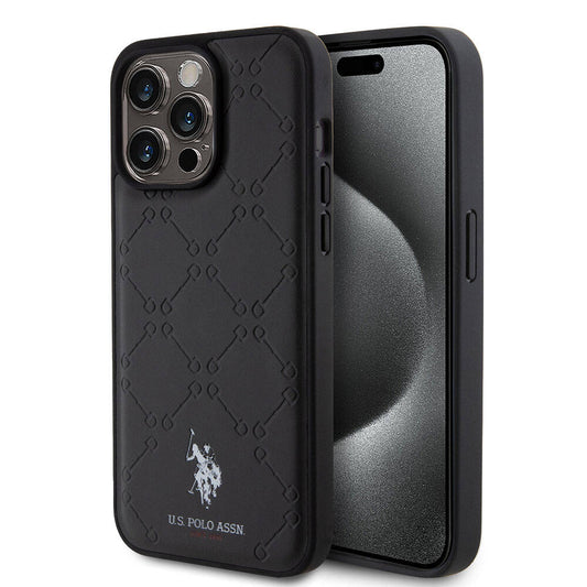 Apple iPhone 15 Pro Max Kılıf U.S. Polo Assn. Orjinal Lisanslı HS Desenli Baskı Logolu Suni Deri Kapak Siyah