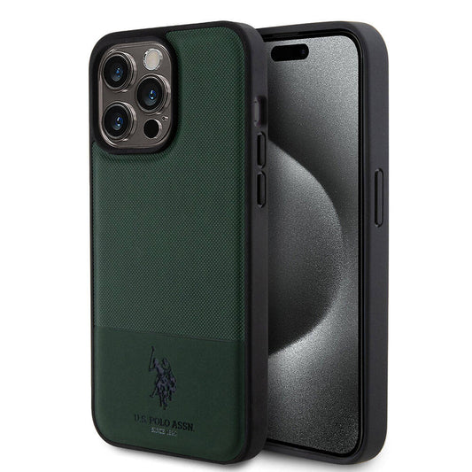 Apple iPhone 15 Pro Max Kılıf U.S. Polo Assn. Orjinal Lisanslı Suni Deri Arka Yüzey Baskı Logolu Örgü Desenli Kapak Yeşil