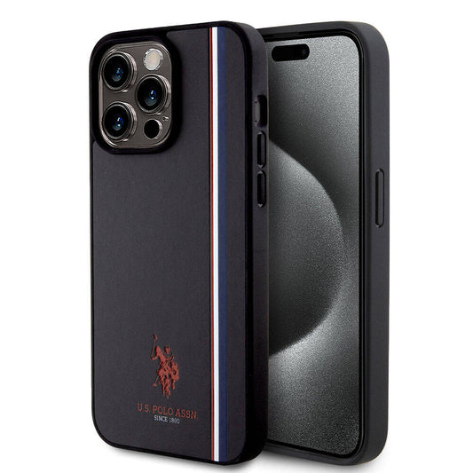 Apple iPhone 15 Pro Max Kılıf U.S. Polo Assn. Orjinal Lisanslı Üç Renk Şerit Tasarımlı Baskı Logolu Kapak Siyah