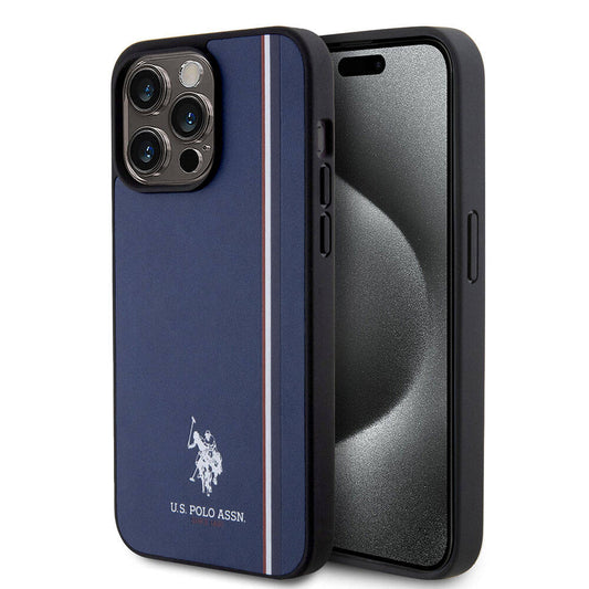 Apple iPhone 15 Pro Max Kılıf U.S. Polo Assn. Orjinal Lisanslı Üç Renk Şerit Tasarımlı Baskı Logolu Kapak Lacivert