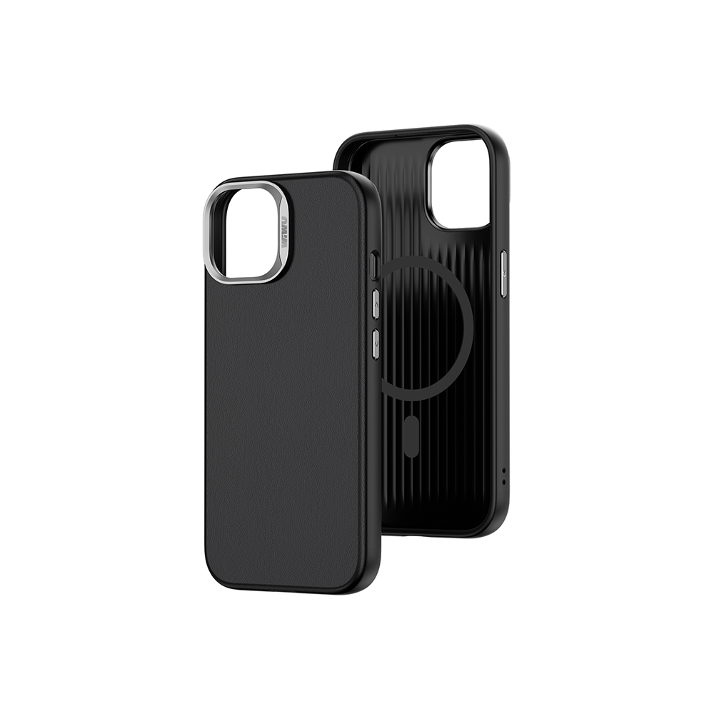 Apple iPhone 15 Pro Max Kılıf Wiwu SP-019 M-safe Şarj Özellikli Vegan Leather Deri Kapak Gri