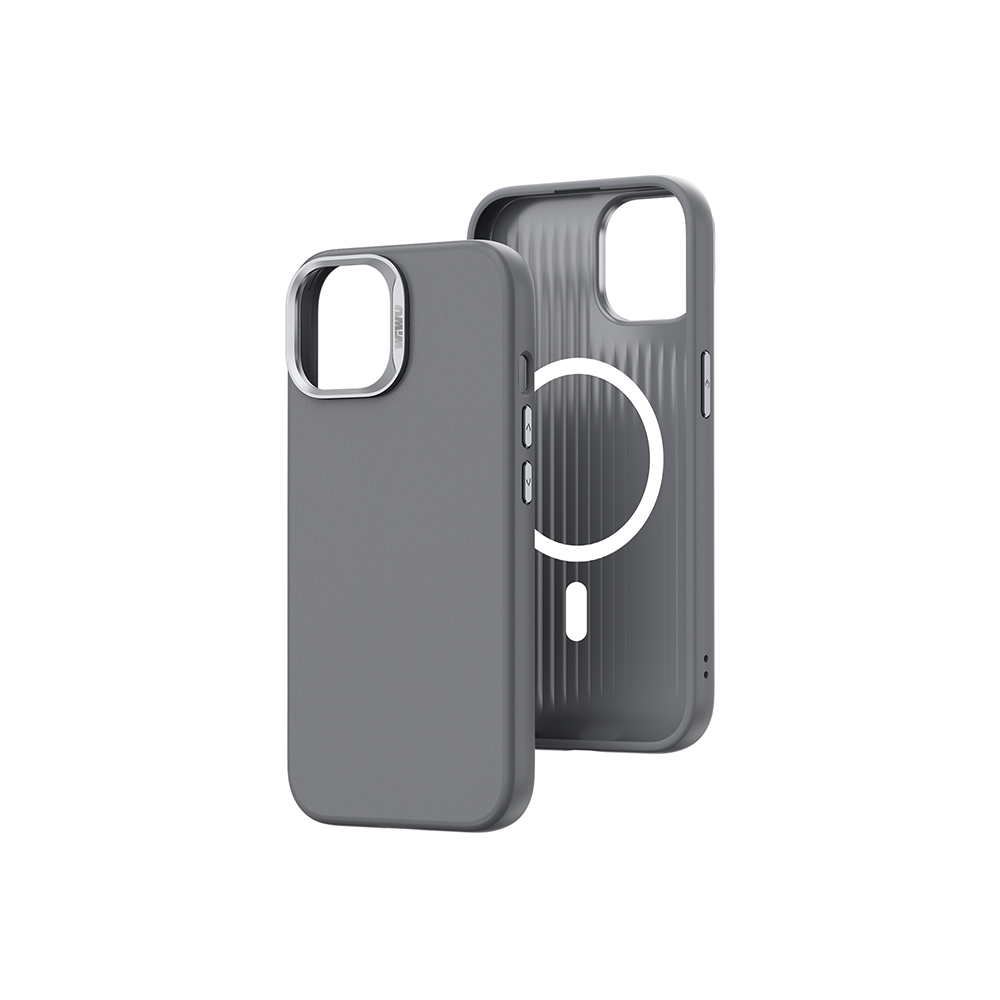 Apple iPhone 15 Pro Max Kılıf Wiwu SP-019 M-safe Şarj Özellikli Vegan Leather Deri Kapak Gri
