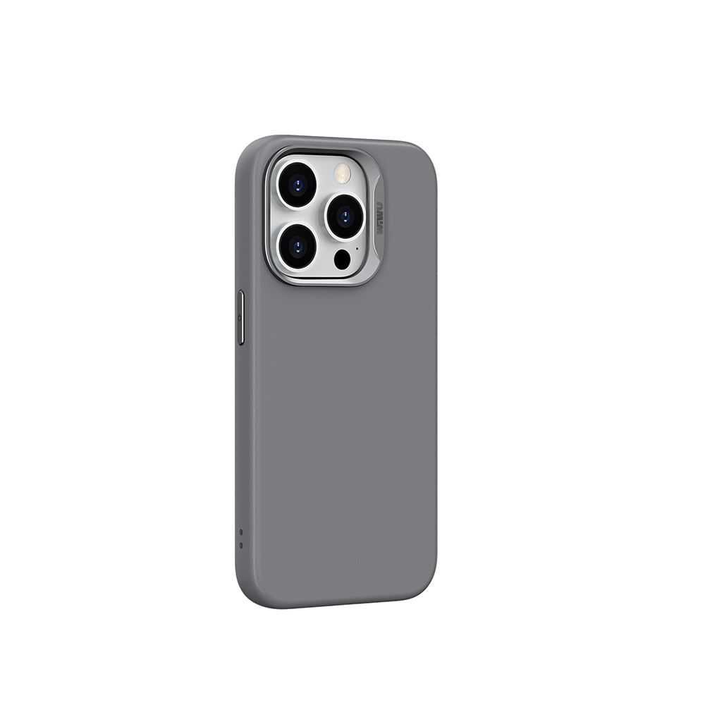 Apple iPhone 15 Pro Max Kılıf Wiwu SP-019 M-safe Şarj Özellikli Vegan Leather Deri Kapak Gri