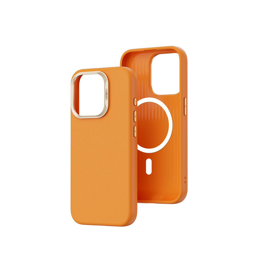 Apple iPhone 15 Pro Max Kılıf Wiwu SP-019 M-safe Şarj Özellikli Vegan Leather Deri Kapak Turuncu