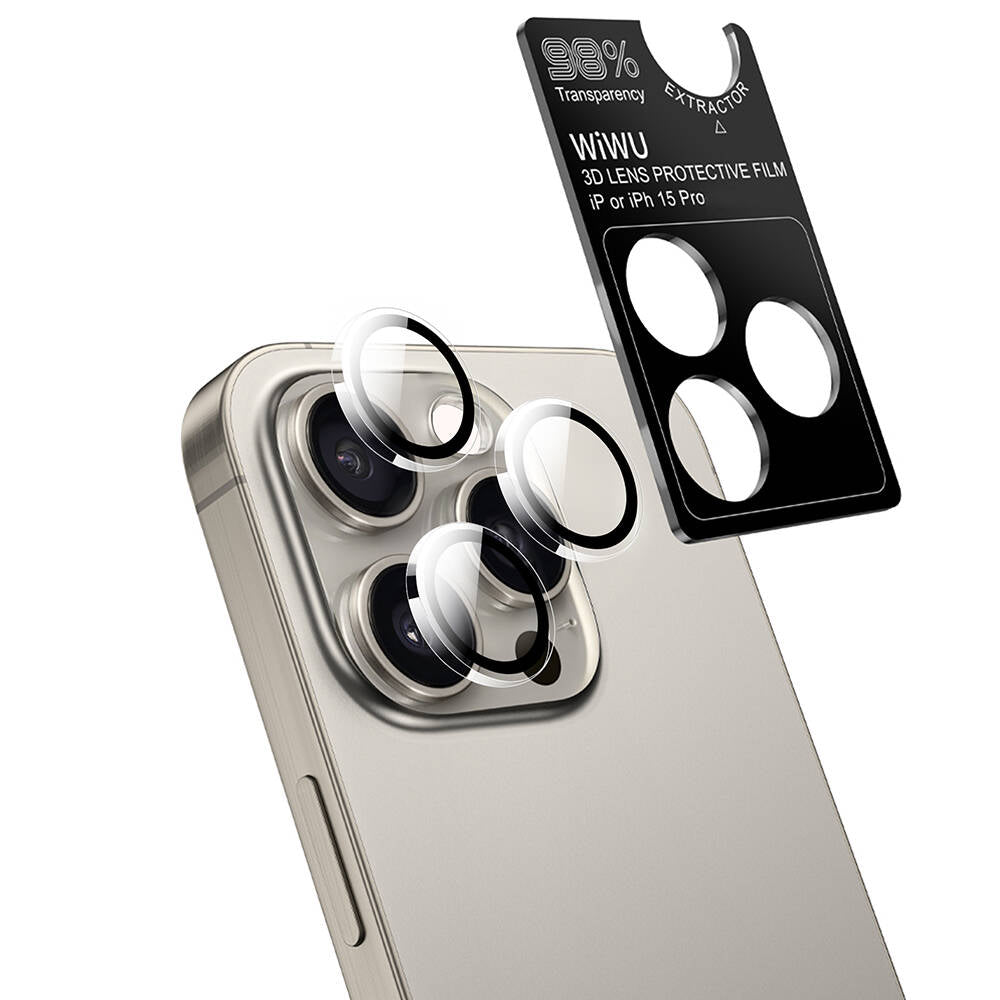 Apple iPhone 15 Pro Max Wiwu Wi-IP002 2in1 Temperli Cam Ahize Toz Önleyici Ekran Koruyucu ve Kamera Lens Koruyucu Set Siyah