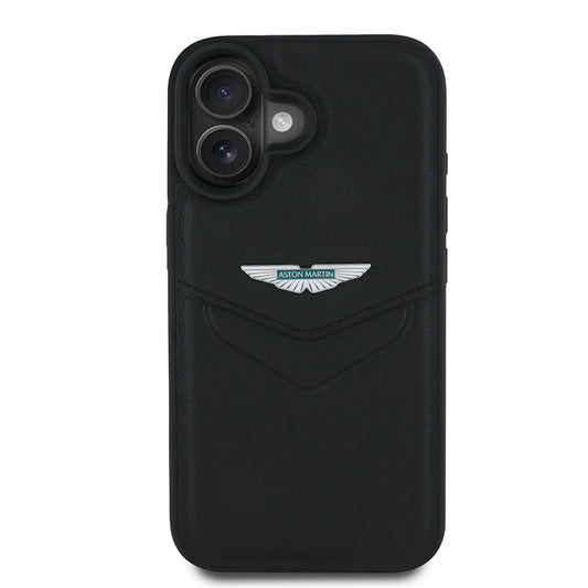Apple iPhone 16 Kılıf Aston Martin Orjinal Lisanslı Victory Dizayn PU Deri Metal Logolu Kapak Siyah