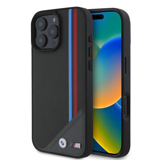 Apple iPhone 16 Kılıf BMW Orjinal Lisanslı M-safe Şarj Özellikli M Logolu Üç Çizgili Dikiş Detaylı Meshed Tricolor Stripes Kapak Siyah