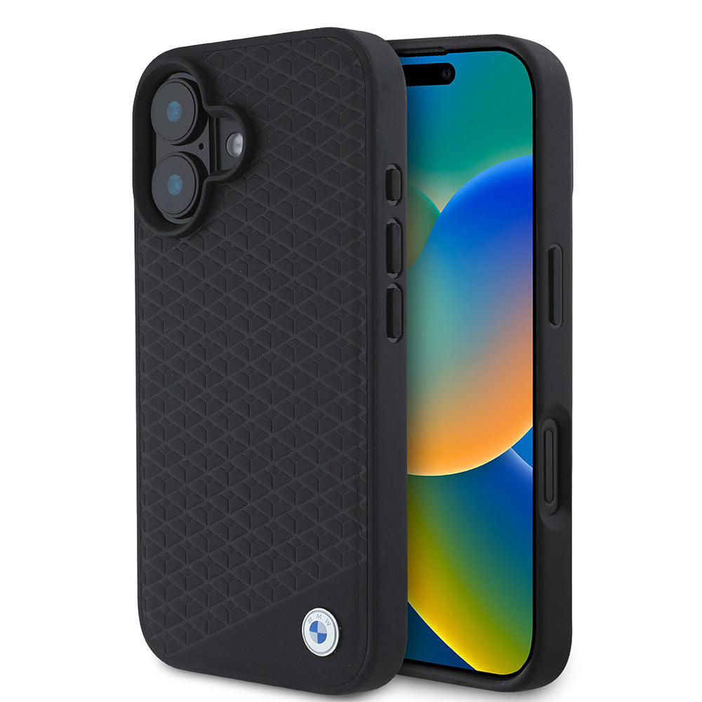 Apple iPhone 16 Kılıf BMW Orjinal Lisanslı M-safe Şarj Özellikli Metal Logolu Dokulu Diamond Deri Kapak Siyah