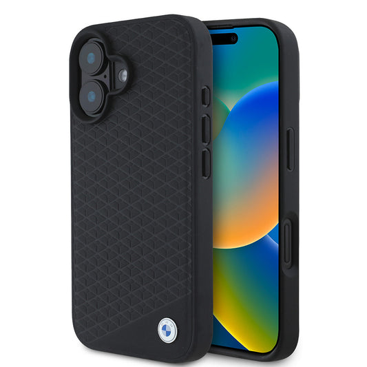 Apple iPhone 16 Kılıf BMW Orjinal Lisanslı M-safe Şarj Özellikli Metal Logolu Dokulu Diamond Deri Kapak Siyah