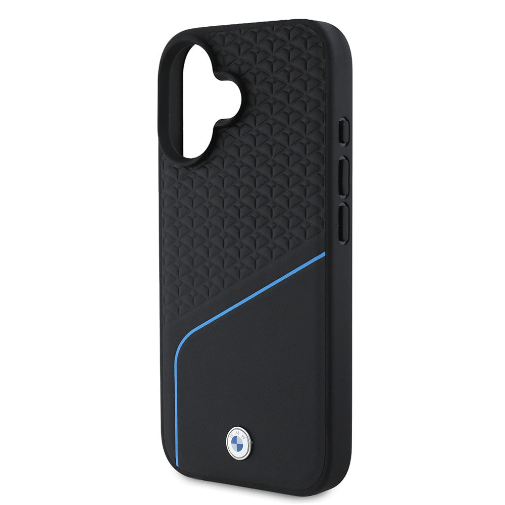 Apple iPhone 16 Kılıf BMW Orjinal Lisanslı M-safe Şarj Özellikli Metal Logolu Dokulu ve Çizgili Deri Kapak Siyah