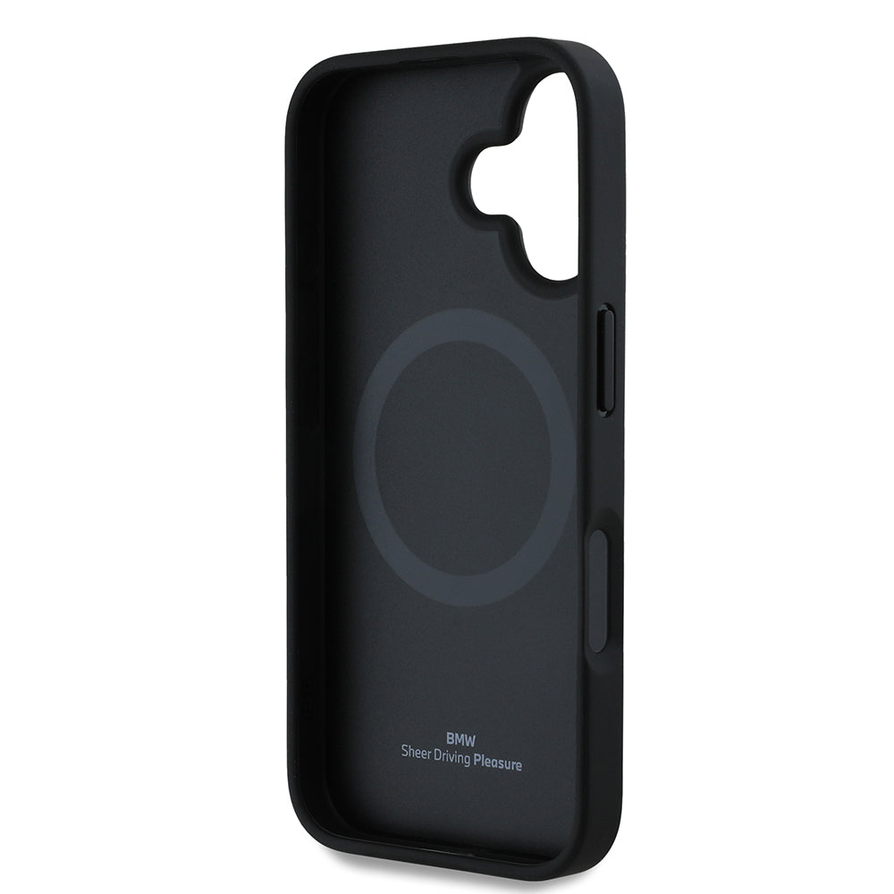 Apple iPhone 16 Kılıf BMW Orjinal Lisanslı M-safe Şarj Özellikli Metal Logolu Dokulu ve Çizgili Deri Kapak Siyah