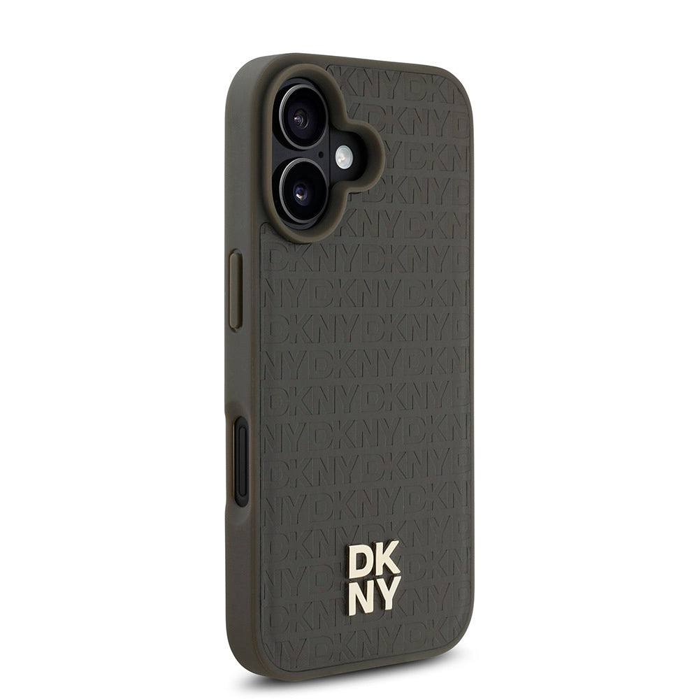 Apple iPhone 16 Kılıf DKNY Orjinal Lisanslı M-safe Şarj Özellikli 3D Yazılı Repeat Pattern Kapak Kahverengi
