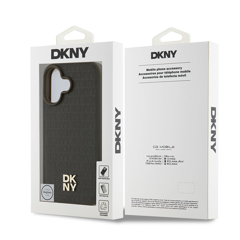 Apple iPhone 16 Kılıf DKNY Orjinal Lisanslı M-safe Şarj Özellikli 3D Yazılı Repeat Pattern Kapak Kahverengi