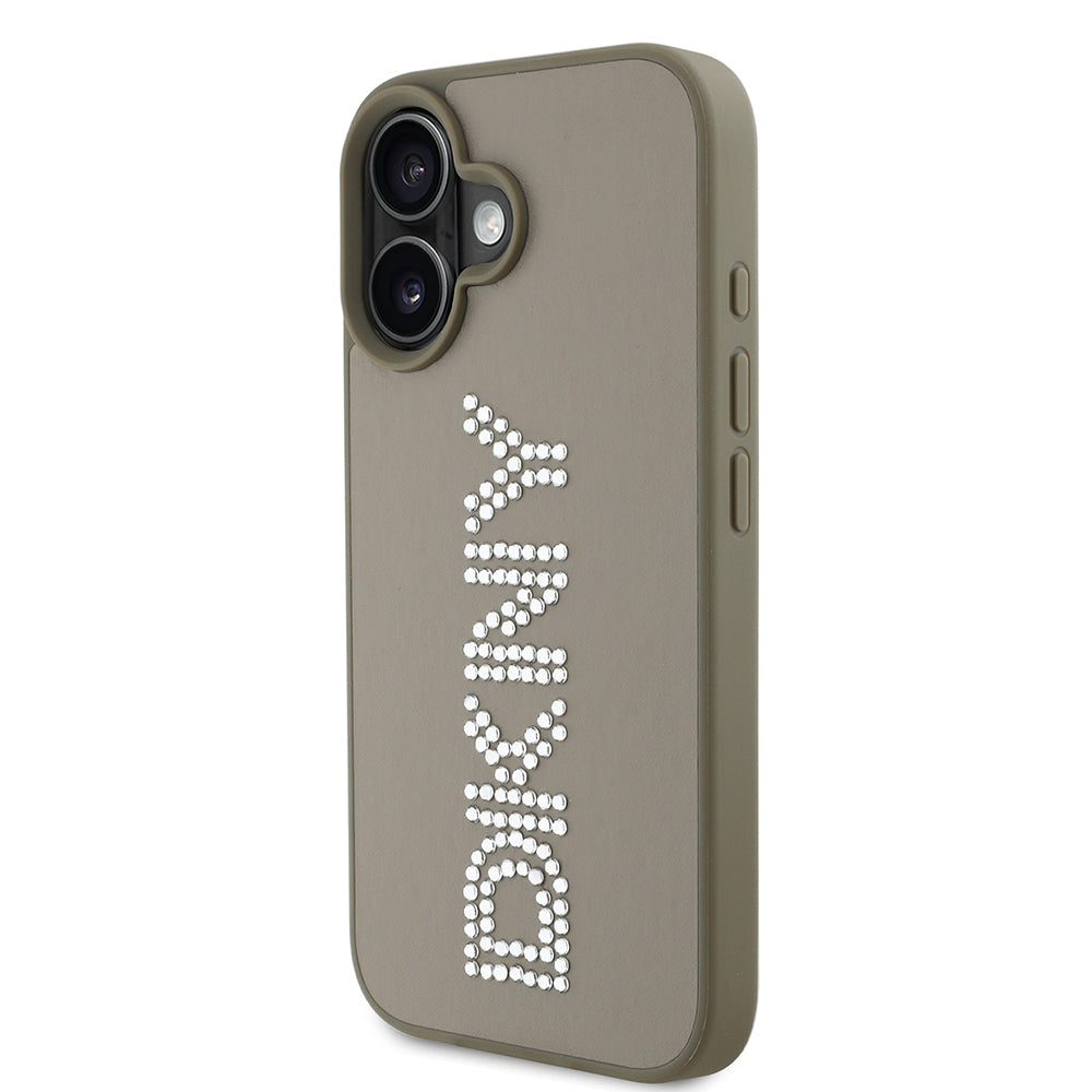 Apple iPhone 16 Kılıf DKNY Orjinal Lisanslı Taşlı DKNY Yazılı Metalik Rhinestones PU Deri Kapak Kahverengi