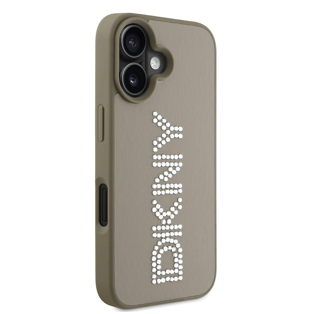 Apple iPhone 16 Kılıf DKNY Orjinal Lisanslı Taşlı DKNY Yazılı Metalik Rhinestones PU Deri Kapak Kahverengi