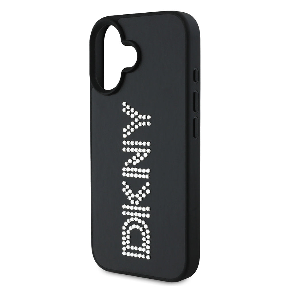 Apple iPhone 16 Kılıf DKNY Orjinal Lisanslı Taşlı DKNY Yazılı Metalik Rhinestones PU Deri Kapak Kahverengi