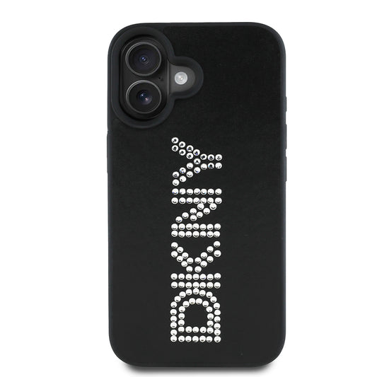 Apple iPhone 16 Kılıf DKNY Orjinal Lisanslı Taşlı DKNY Yazılı Metalik Rhinestones PU Deri Kapak