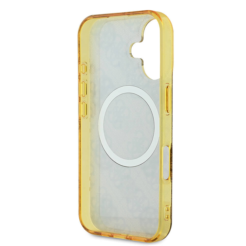 Apple iPhone 16 Kılıf Guess Orjinal Lisanslı M-safe Şarj Özellikli 4G Desenli IML Yazı Logolu Peony Kapak Kahverengi