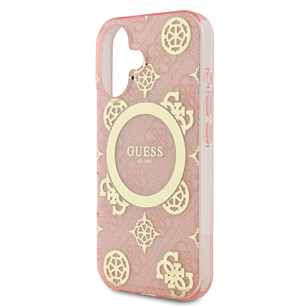 Apple iPhone 16 Kılıf Guess Orjinal Lisanslı M-safe Şarj Özellikli 4G Desenli IML Yazı Logolu Peony Kapak Pembe