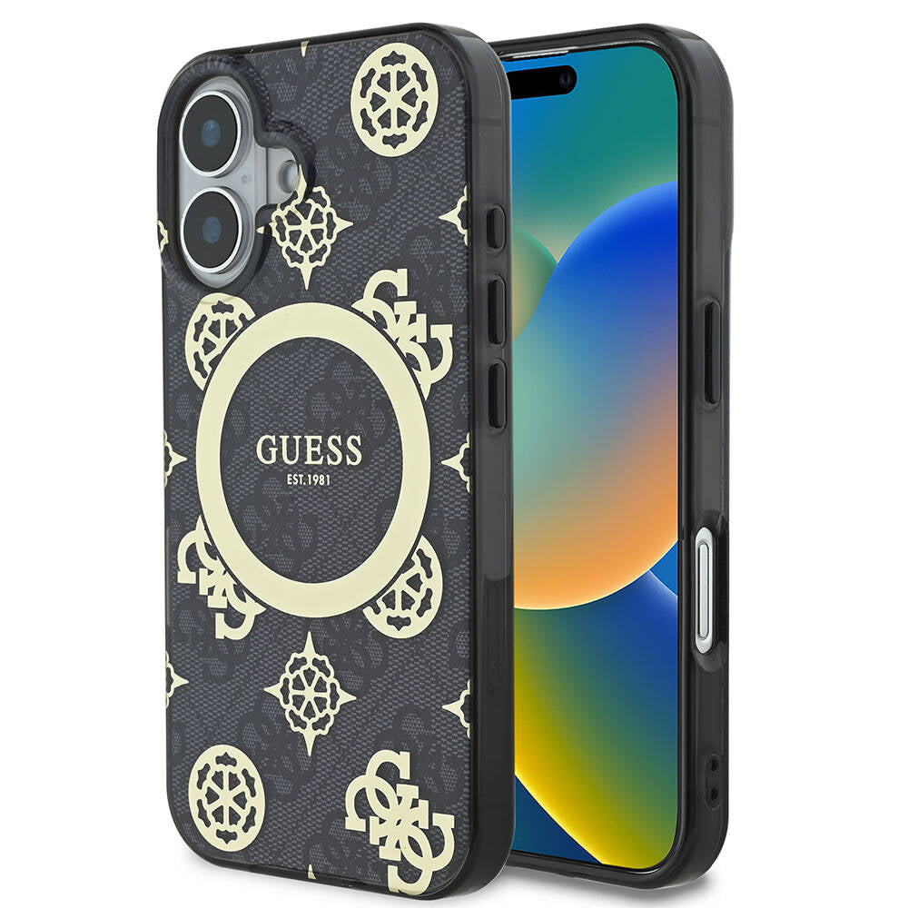 Apple iPhone 16 Kılıf Guess Orjinal Lisanslı M-safe Şarj Özellikli 4G Desenli IML Yazı Logolu Peony Kapak Kahverengi