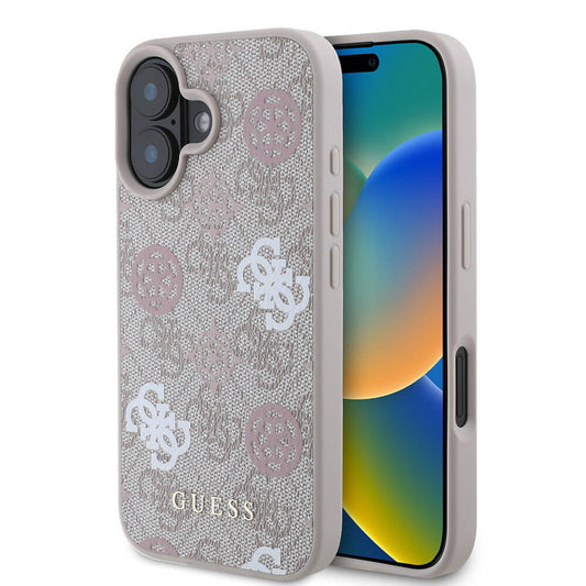 Apple iPhone 16 Kılıf Guess Orjinal Lisanslı M-safe Şarj Özellikli 4G Desenli Yazı Logolu Peony Kapak Pembe