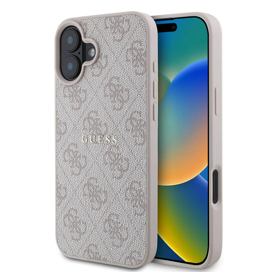 Apple iPhone 16 Kılıf Guess Orjinal Lisanslı M-safe Şarj Özellikli 4G Desenli Yazı Logolu Kapak Pembe