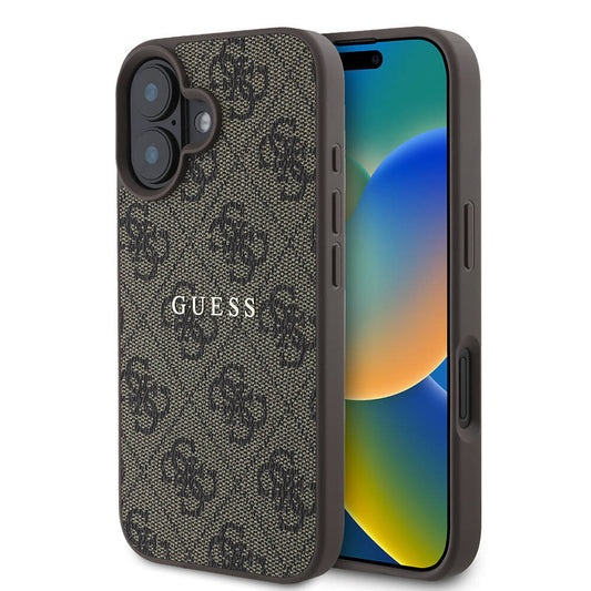 Apple iPhone 16 Kılıf Guess Orjinal Lisanslı M-safe Şarj Özellikli 4G Desenli Yazı Logolu Kapak Kahverengi