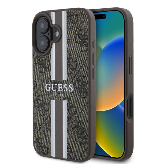 Apple iPhone 16 Kılıf Guess Orjinal Lisanslı M-safe Şarj Özellikli 4G Şerit Tasarımlı Printed Kapak Siyah