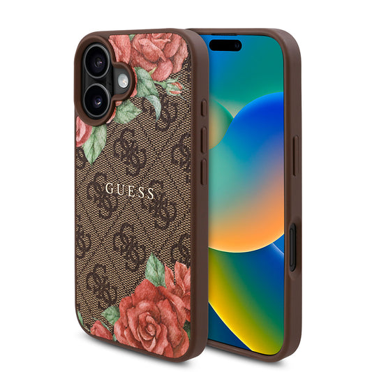 Apple iPhone 16 Kılıf Guess Orjinal Lisanslı M-safe Şarj Özellikli Gül Baskılı 4G Desenli Yazı Logolu Kapak Siyah
