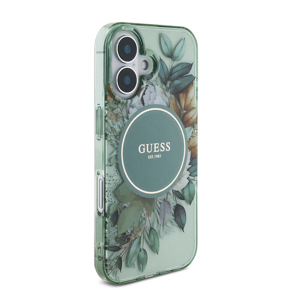 Apple iPhone 16 Kılıf Guess Orjinal Lisanslı M-safe Şarj Özellikli IML Baskılı Çiçek İnci Bileklikli Kapak Mor