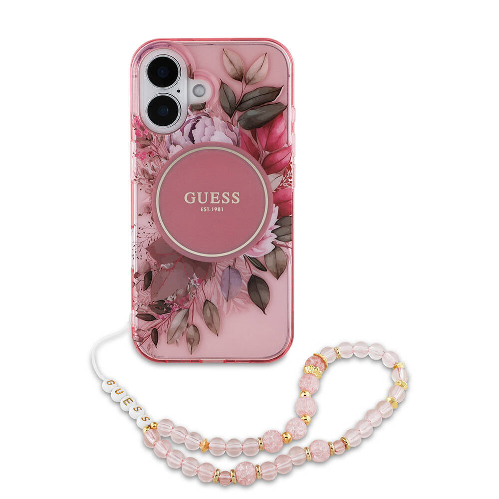 Apple iPhone 16 Kılıf Guess Orjinal Lisanslı M-safe Şarj Özellikli IML Baskılı Çiçek İnci Bileklikli Kapak Mor