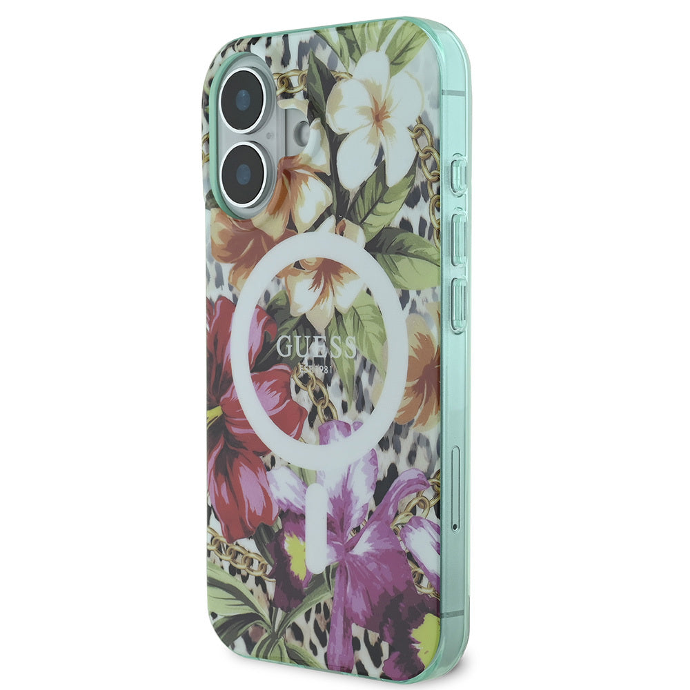 Apple iPhone 16 Kılıf Guess Orjinal Lisanslı M-safe Şarj Özellikli IML Baskılı Jungle Ring Kapak Yeşil