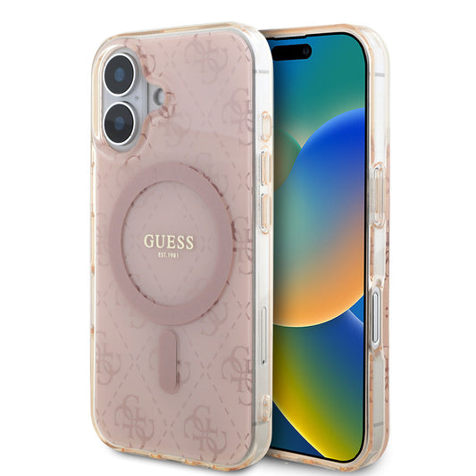 Apple iPhone 16 Kılıf Guess Orjinal Lisanslı M-safe Şarj Özellikli IML Baskılı Klasik Logolu 4G Desenli Kapak Kahverengi