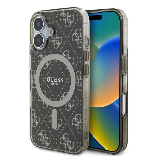 Apple iPhone 16 Kılıf Guess Orjinal Lisanslı M-safe Şarj Özellikli IML Baskılı Klasik Logolu 4G Desenli Kapak Kahverengi