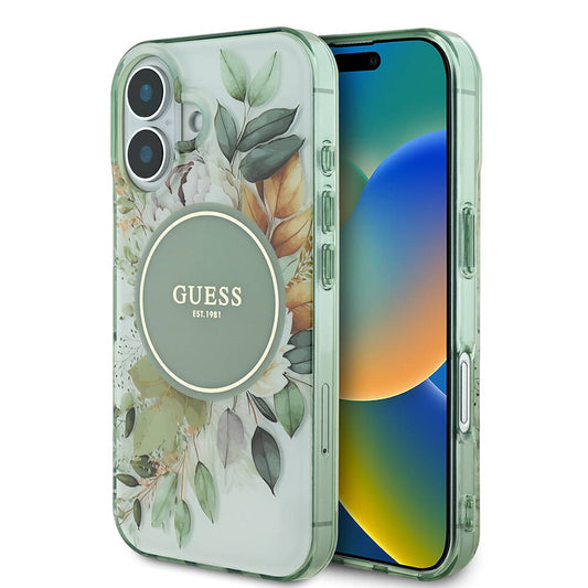 Apple iPhone 16 Kılıf Guess Orjinal Lisanslı M-safe Şarj Özellikli IML Baskılı Yazı Logolu Flower Tonal Circle Kapak Pembe