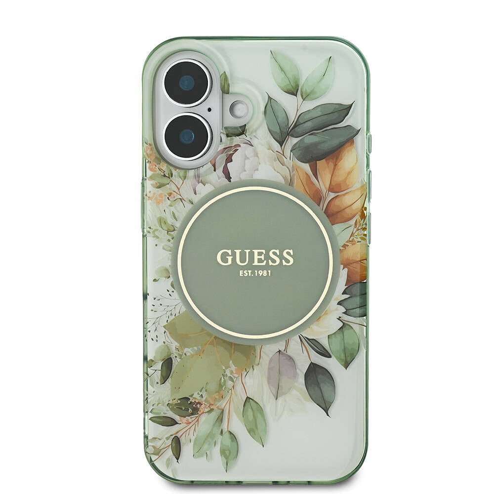 Apple iPhone 16 Kılıf Guess Orjinal Lisanslı M-safe Şarj Özellikli IML Baskılı Yazı Logolu Flower Tonal Circle Kapak Pembe