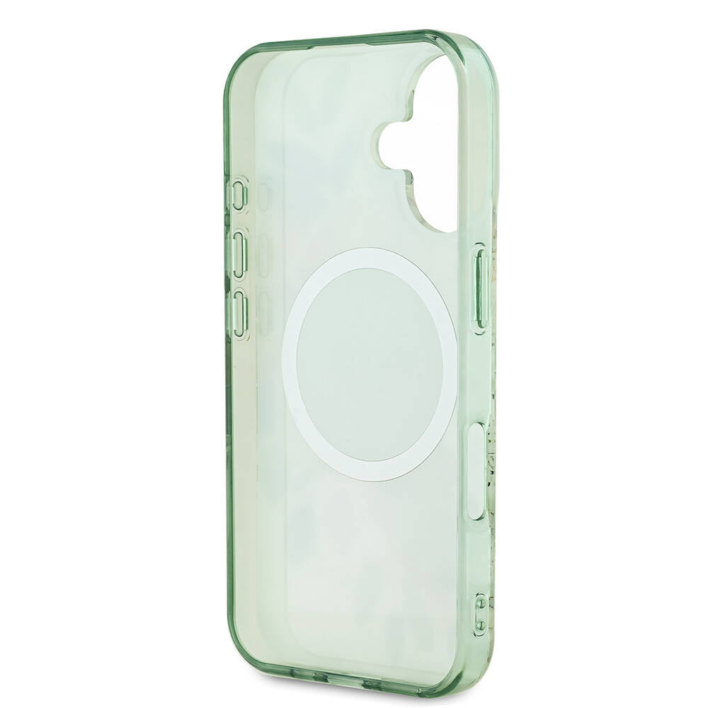 Apple iPhone 16 Kılıf Guess Orjinal Lisanslı M-safe Şarj Özellikli IML Baskılı Yazı Logolu Flower Tonal Circle Kapak Pembe