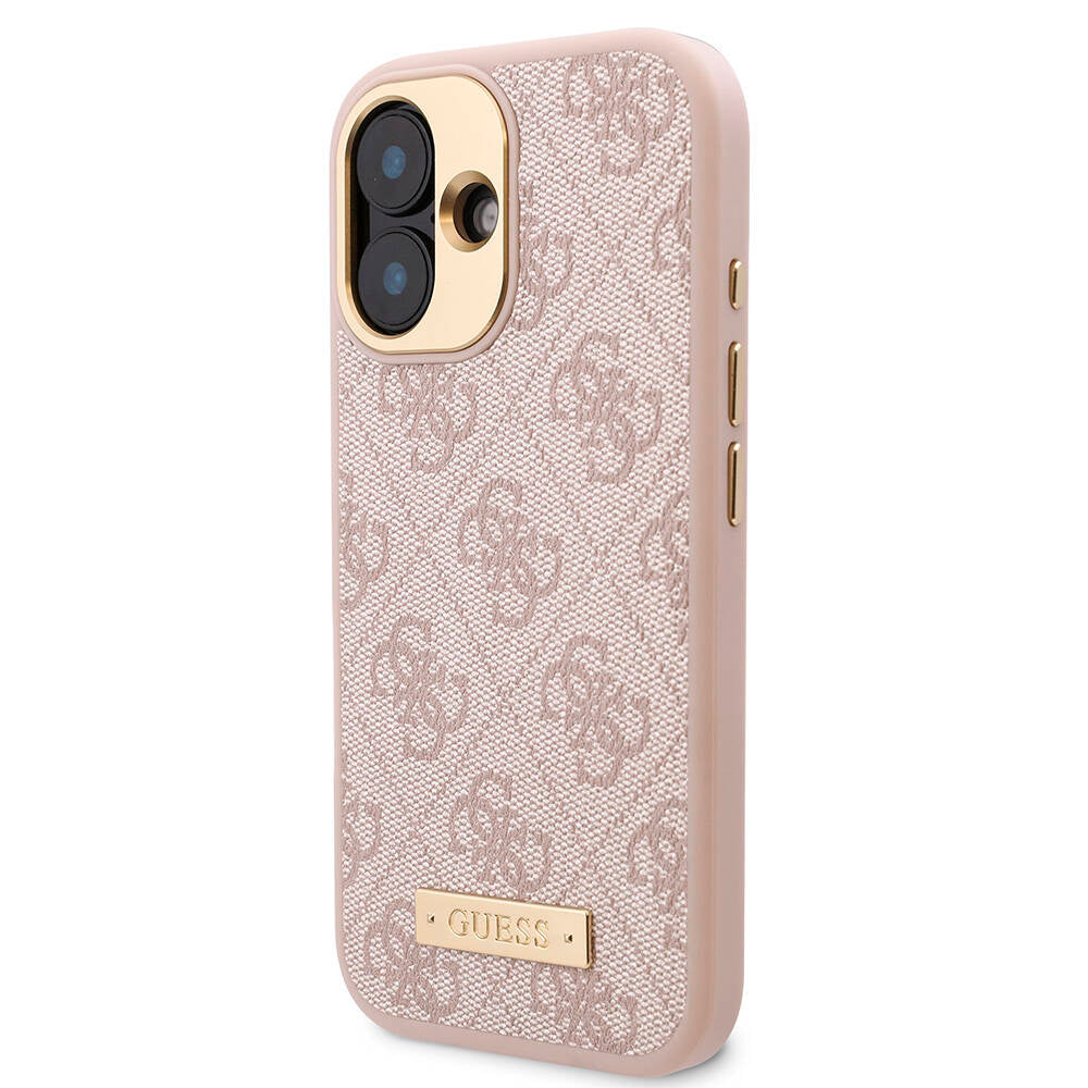 Apple iPhone 16 Kılıf Guess Orjinal Lisanslı M-safe Şarj Özellikli PU 4G Desenli Metal Plaka Klasik Logolu Kapak Pembe