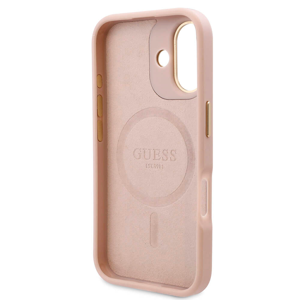 Apple iPhone 16 Kılıf Guess Orjinal Lisanslı M-safe Şarj Özellikli PU 4G Desenli Metal Plaka Klasik Logolu Kapak Kahverengi