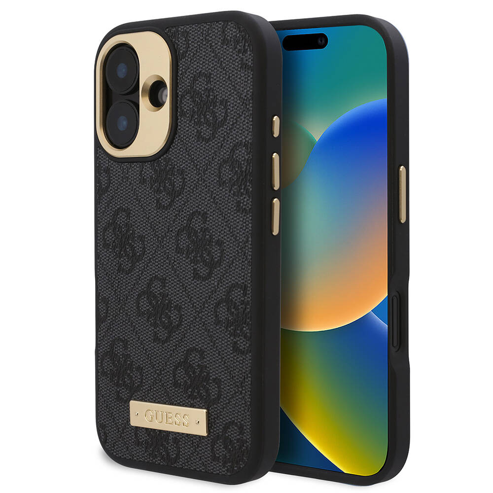 Apple iPhone 16 Kılıf Guess Orjinal Lisanslı M-safe Şarj Özellikli PU 4G Desenli Metal Plaka Klasik Logolu Kapak Pembe