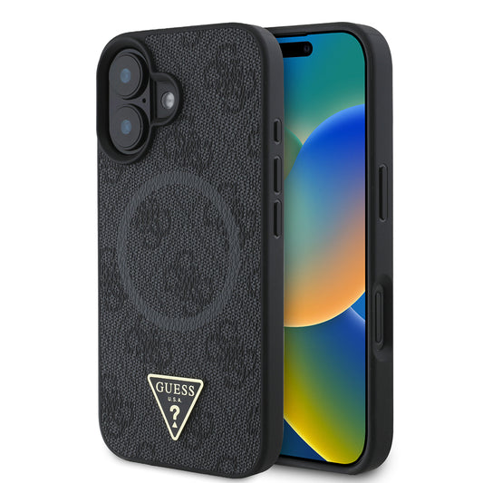 Apple iPhone 16 Kılıf Guess Orjinal Lisanslı M-safe Şarj Özellikli PU Üçgen Logo 4G Desenli Kapak Pembe