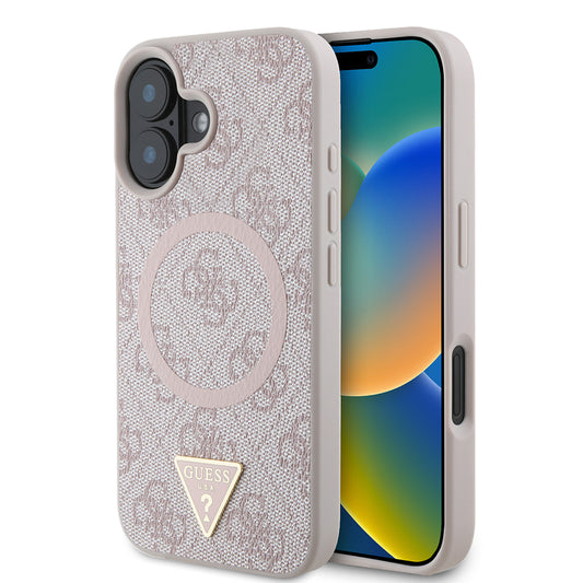 Apple iPhone 16 Kılıf Guess Orjinal Lisanslı M-safe Şarj Özellikli PU Üçgen Logo 4G Desenli Kapak Pembe