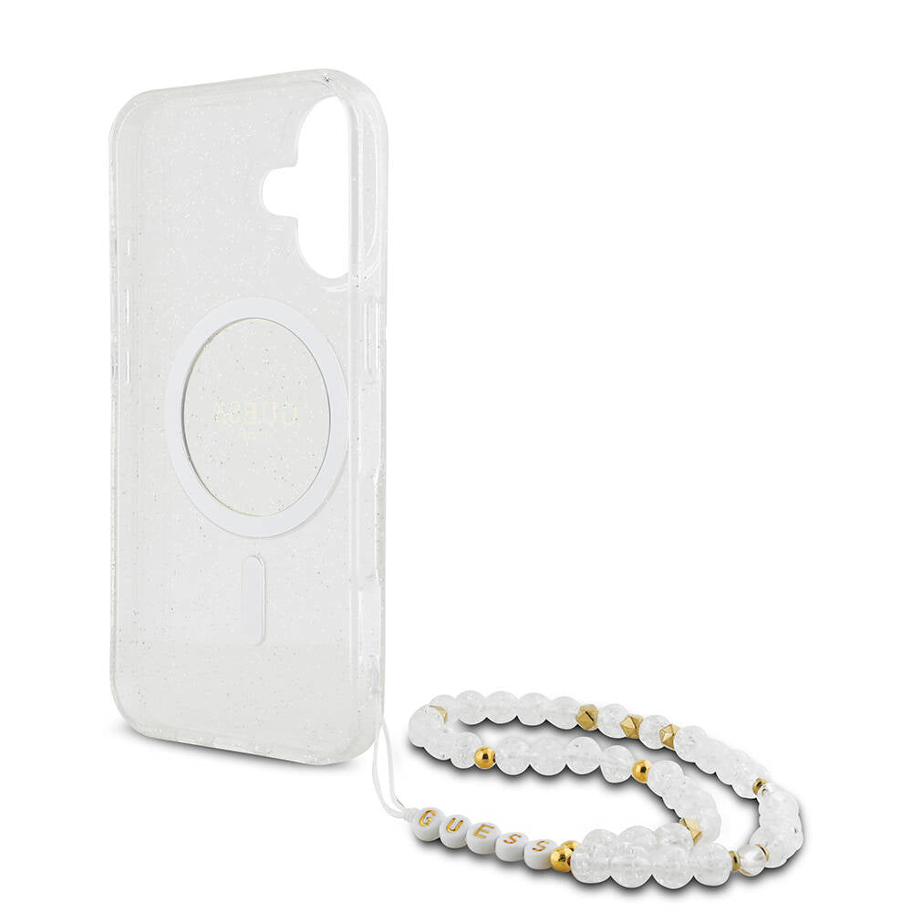 Apple iPhone 16 Kılıf Guess Orjinal Lisanslı M-safe Şarj Özellikli Simli Silikon İnci Bileklikli Kapak Pembe