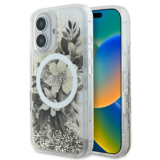 Apple iPhone 16 Kılıf Guess Orjinal Lisanslı M-safe Şarj Özellikli Sıvılı Simli Çiçek Desenli Kapak Yeşil