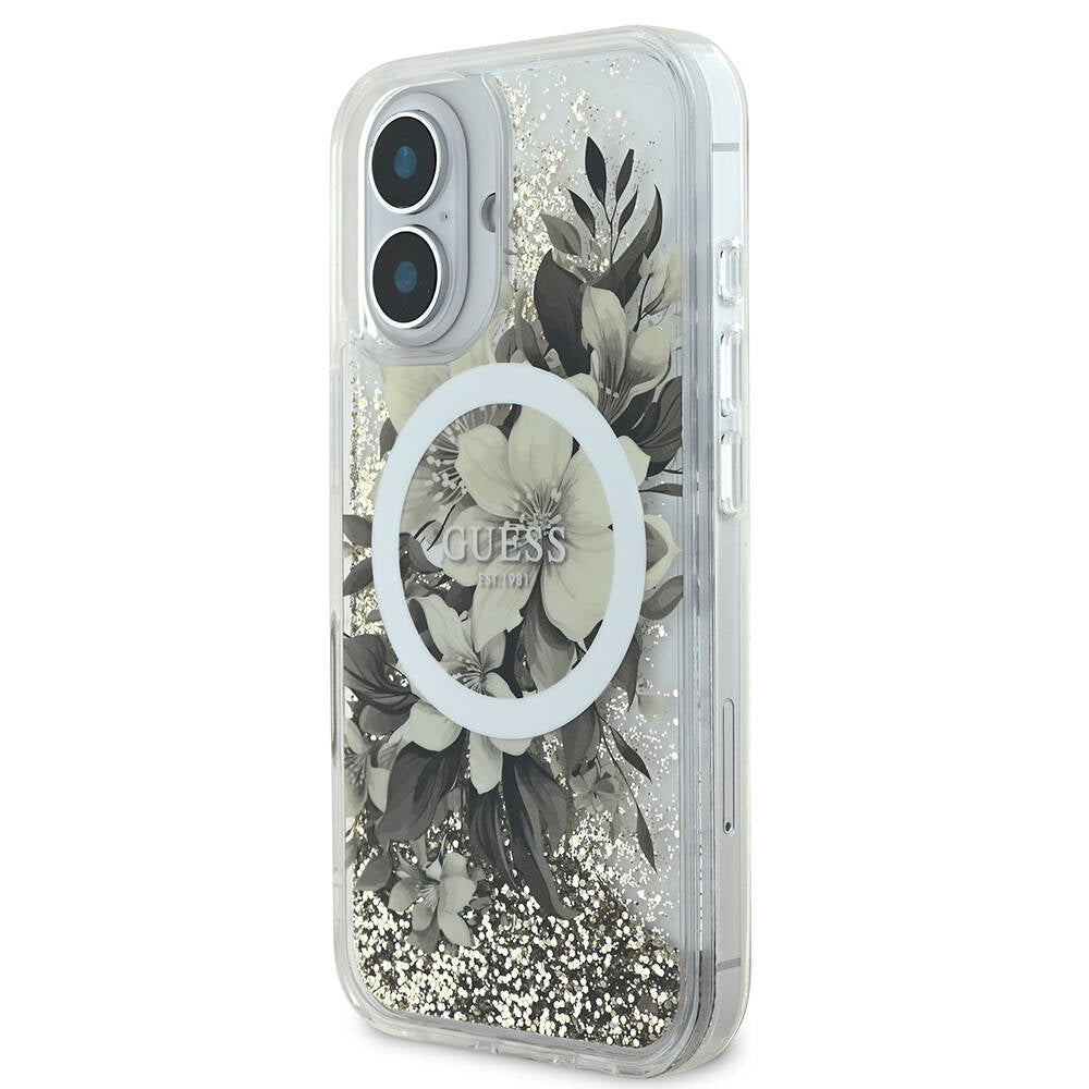 Apple iPhone 16 Kılıf Guess Orjinal Lisanslı M-safe Şarj Özellikli Sıvılı Simli Çiçek Desenli Kapak Yeşil