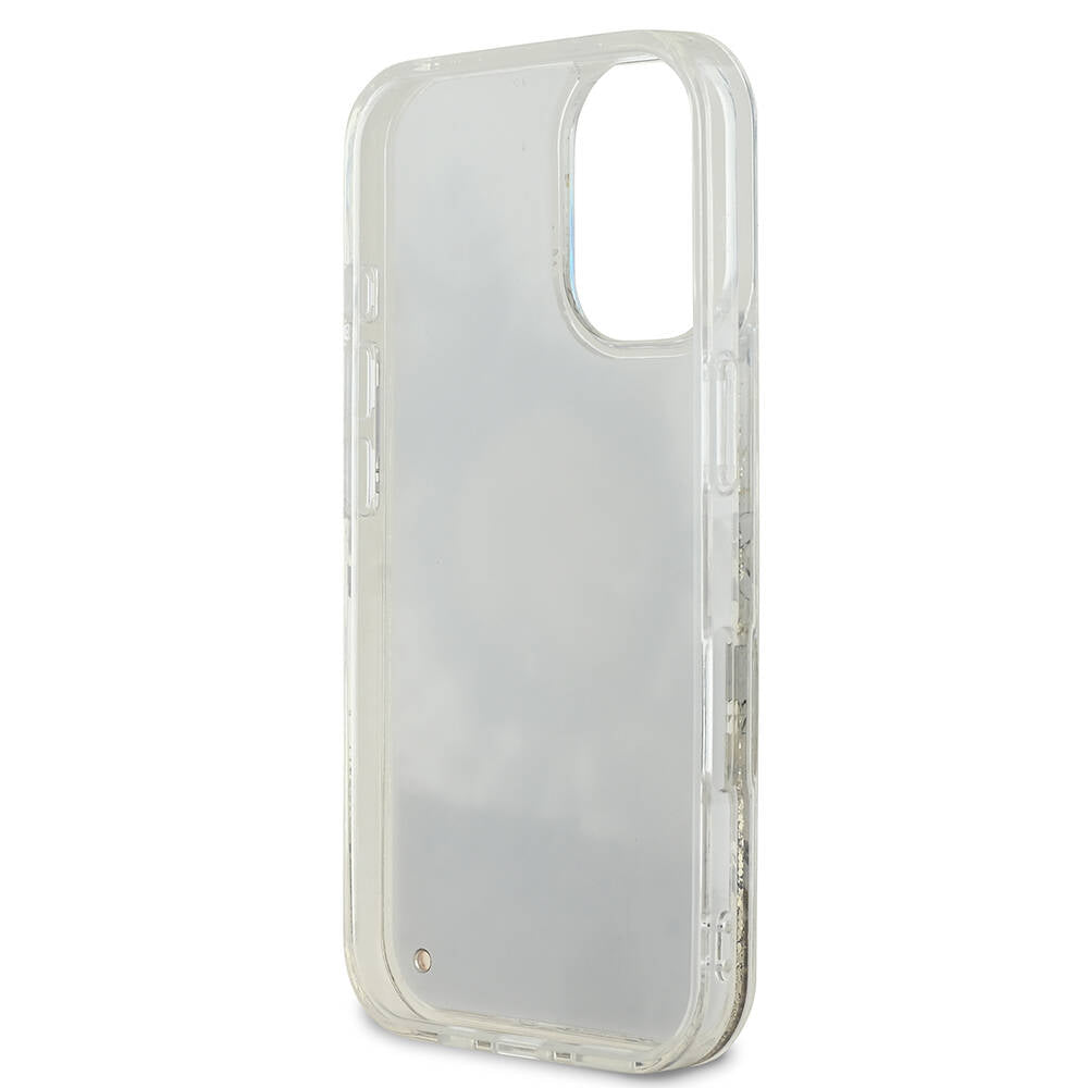 Apple iPhone 16 Kılıf Guess Orjinal Lisanslı M-safe Şarj Özellikli Sıvılı Simli Çiçek Desenli Kapak Bej