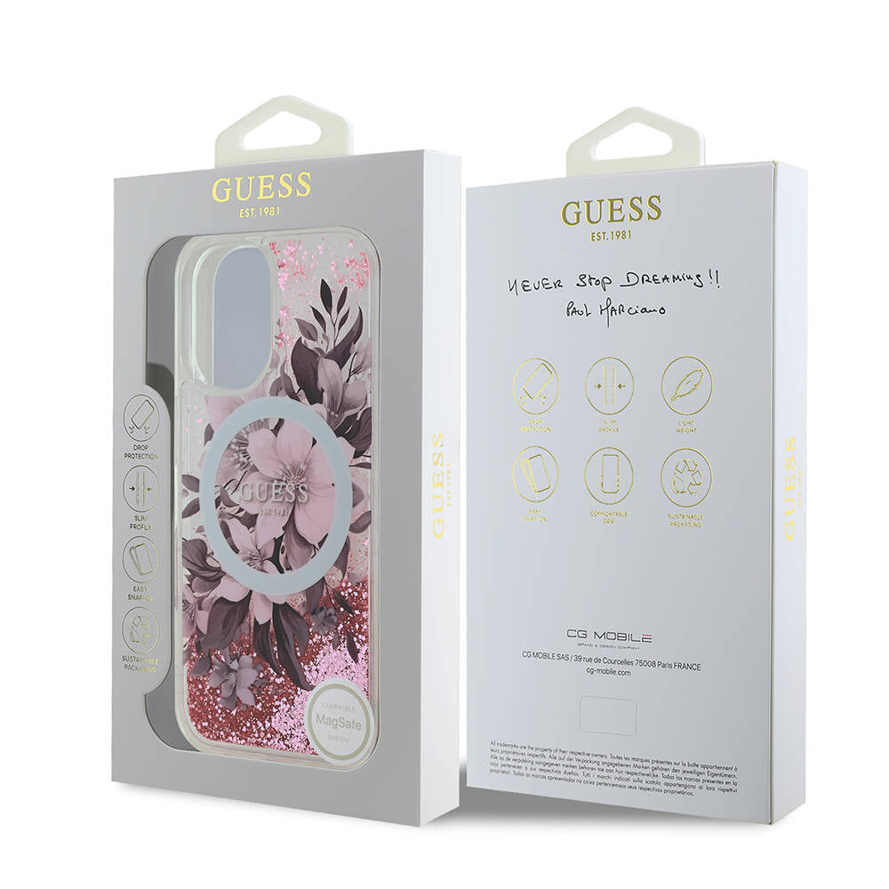 Apple iPhone 16 Kılıf Guess Orjinal Lisanslı M-safe Şarj Özellikli Sıvılı Simli Çiçek Desenli Kapak Bej